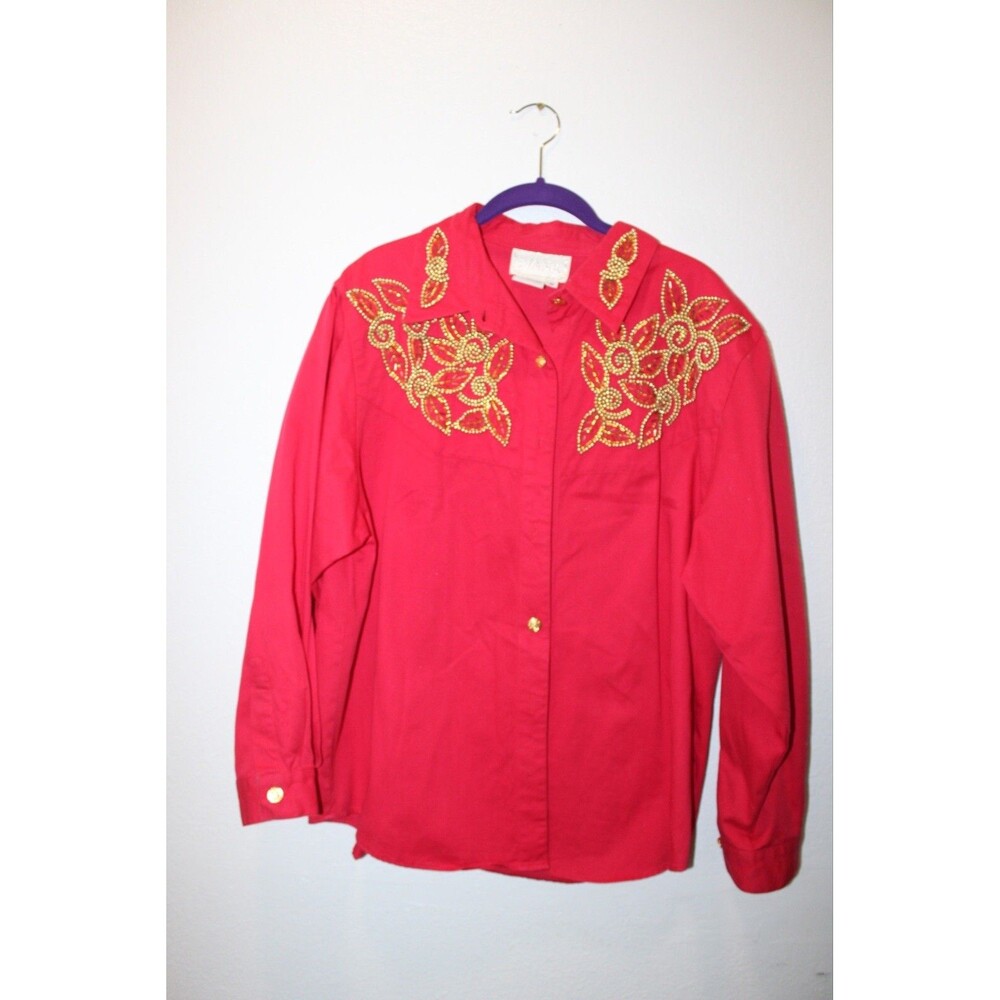 Ivana Trump Shirt Size 18 Red Beaded Blouse Button Down Women's Western Vintage